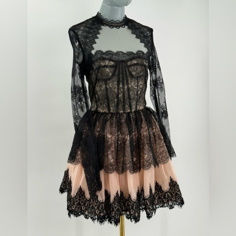 🆕 BRONX & BANCO 🧿 NWOT Daphne Illusion Lace Long Sleeve Mini Dress, Sz XS US 2 - Picture 3 of 14